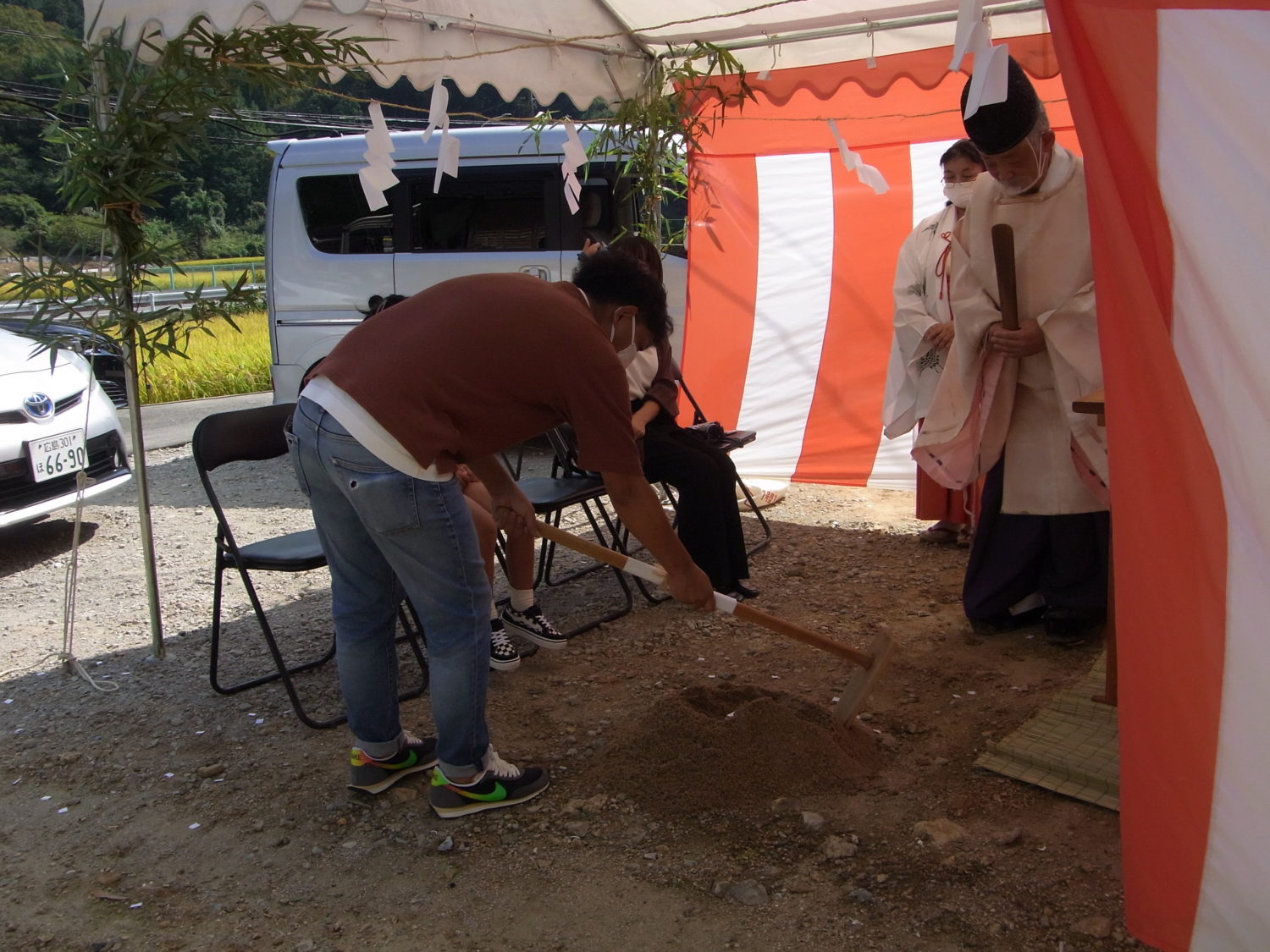 広島で注文住宅ならアイデザインホーム　広島市安芸区阿戸町H様邸地鎮祭　アイデザインホームの現場リポート　広島の注文住宅　広島市安芸区の注文住宅　地鎮祭の様子